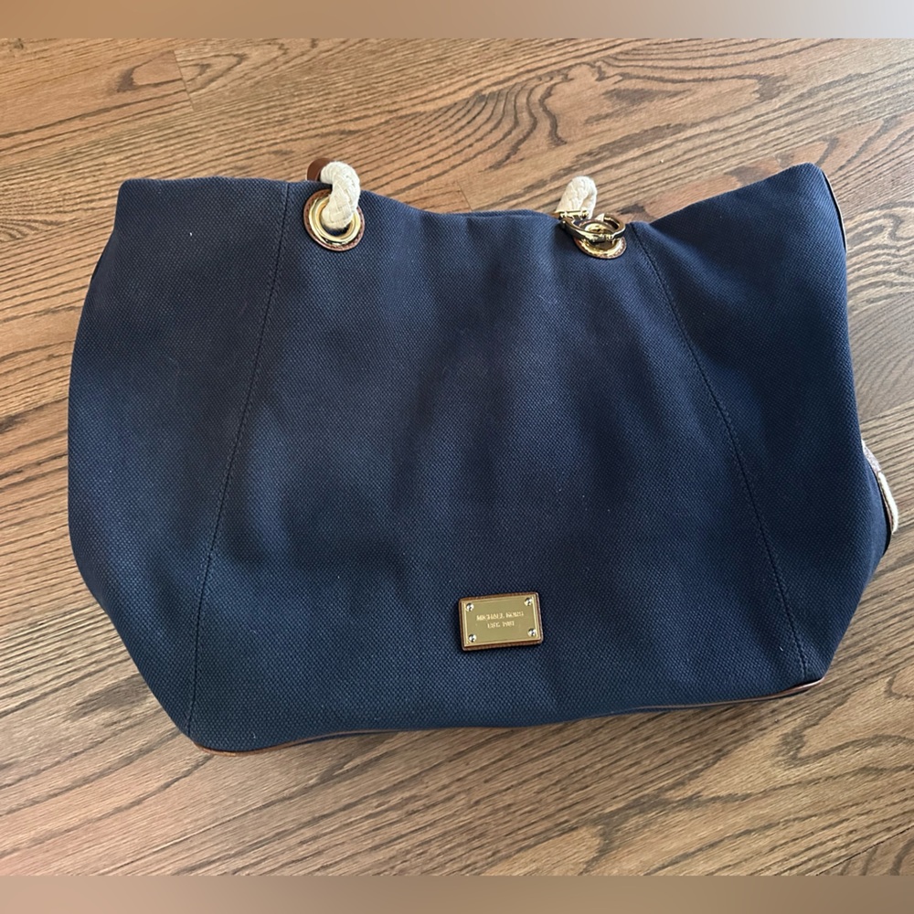 Michael Kors Navy Blue Canvas Leather Trim Tote Bag NWT - Picture 3 of 6
